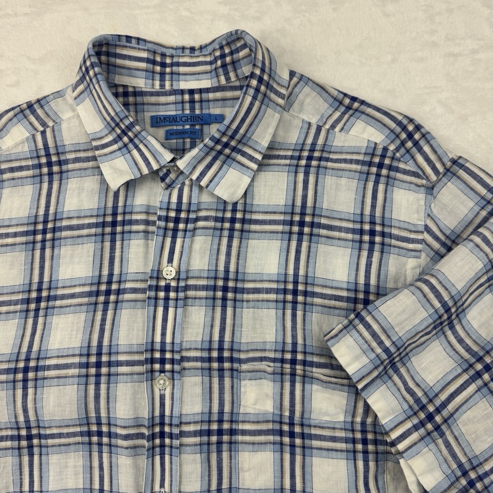J McLaughlin 100% Linen Woven Shirt Mens L Button Short Sleeve Plaid Modern Fit